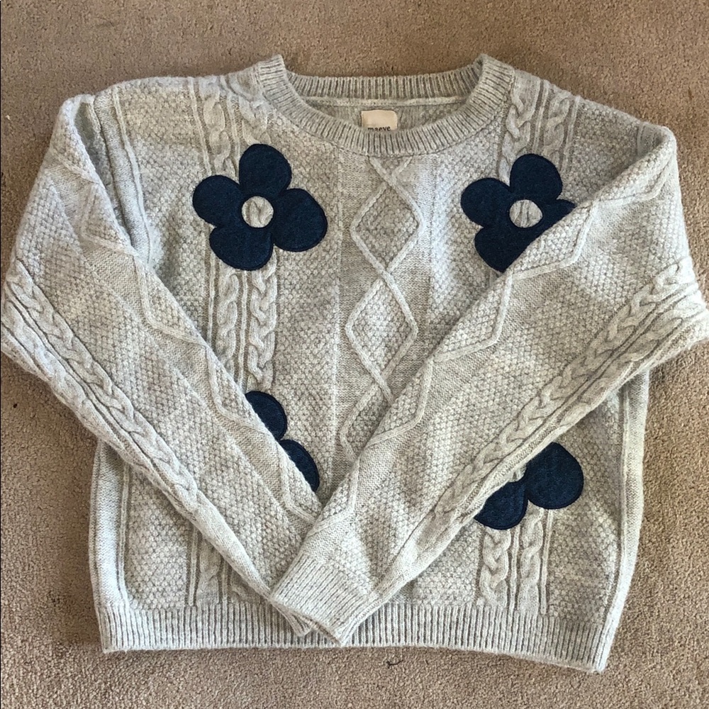 Maeve Light Gray Sweater with Navy Floral Accents